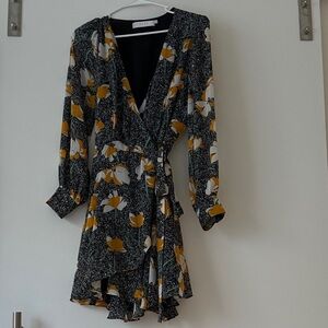 ASTR The Label Black Floral Wrap Dress with Yellow and White Accents
